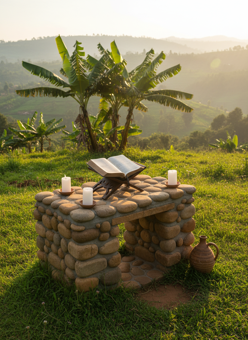 An outdoor stone prayer altar on a gentle Ugandan hillside, carefully built with smooth, rounded local stones arranged in a low, stable rectangle. At its center rests an open Bible on a dark wooden stand, flanked by two unlit white candles and a simple earthen water jug. Lush green grass surrounds the altar, with banana trees and distant rolling hills soft in the background. Golden hour sunlight bathes the scene, creating long, soft shadows and a warm glow on the stones. Captured from a slightly elevated angle in photographic realism, the composition uses the rule of thirds, conveying mission-minded devotion, covenant, and unity with God in nature.