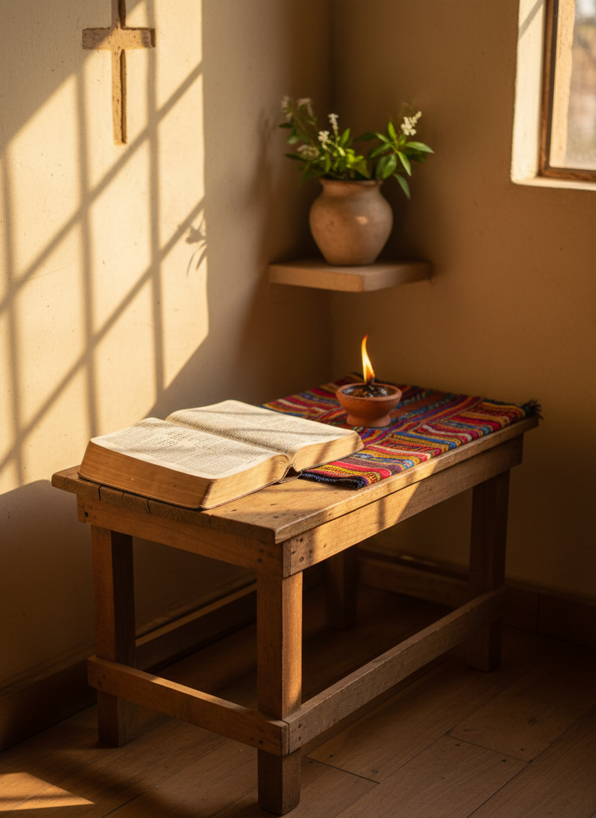 A warmly lit family prayer corner without any people, featuring a simple wooden table with a well-worn open Bible, a small oil lamp, and a neatly folded woven cloth in Ugandan patterns. The table stands against an earth-toned wall adorned with a subtle cross motif and a hand-crafted clay pot with fresh green leaves. Soft late-afternoon sunlight filters through a nearby window, casting gentle patterns across the table and floor. Photographic realism at eye level, with shallow depth of field focusing on the open pages and lamp flame, while the background softly blurs. The atmosphere feels reverent, peaceful, and inviting, suggesting a space where families gather daily to seek God together.