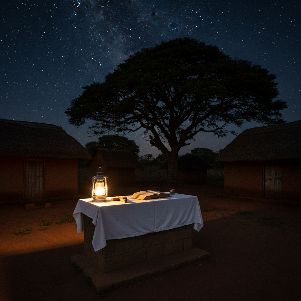 A night-time prayer setting in a Ugandan village courtyard, intentionally empty of people. A low, rectangular stone altar stands in the center, draped with a white cloth that catches the flicker of a single lantern at its edge. On the cloth, an open Bible and a small wooden cross lie side by side. In the background, silhouettes of simple houses and a large tree are softly outlined against a deep indigo sky with scattered stars. Photographic realism with dramatic, warm lantern lighting creates strong contrasts and gentle shadows, focusing the viewer on the altar. The mood is intimate, solemn, and expectant, suggesting families gathering quietly to seek the Lord together.