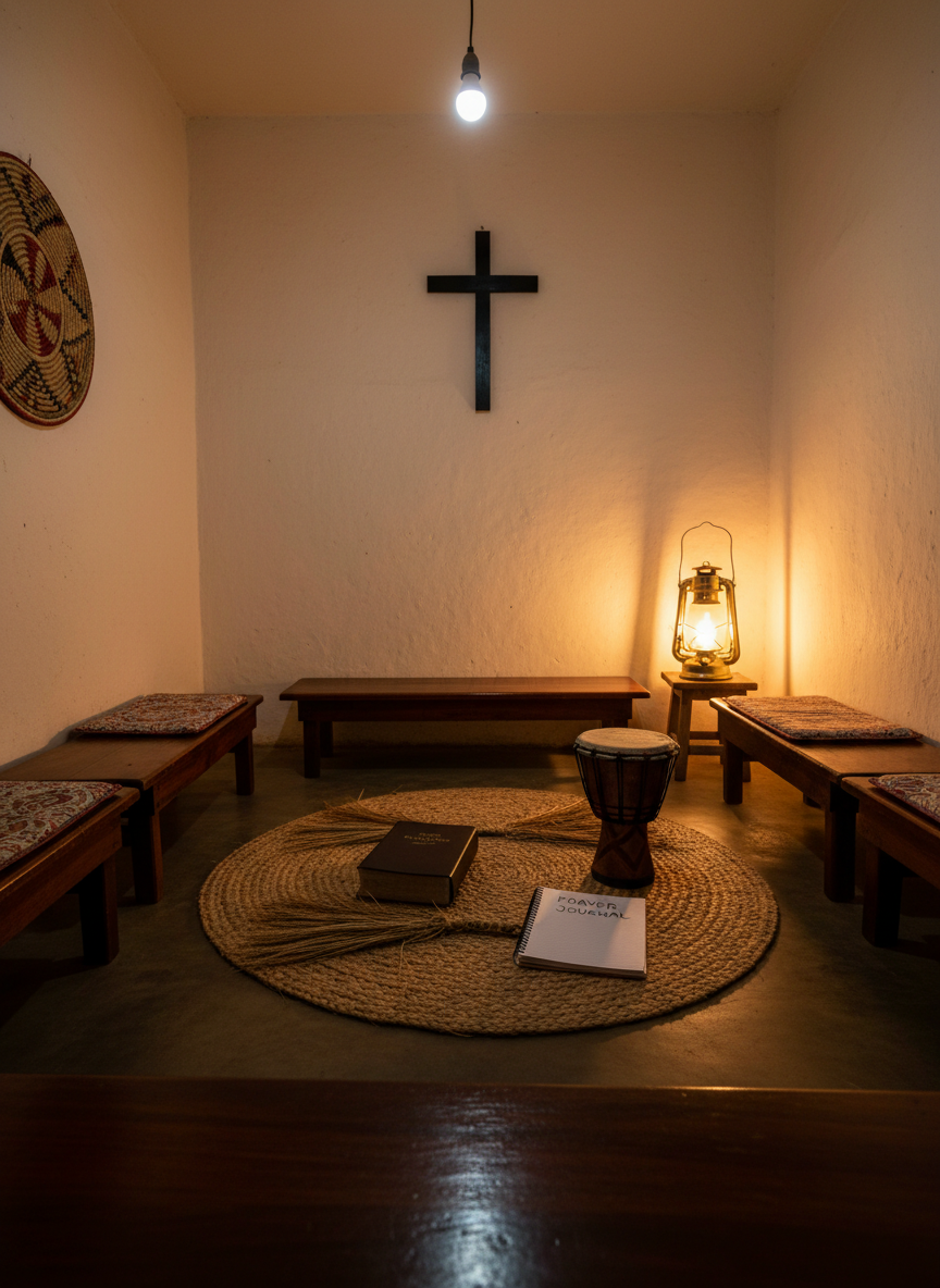 A modest Ugandan family living room prepared for an evening worship time, but without people present. Low wooden benches form a semi-circle around a simple central mat where a closed Bible, a small drum, and a handwritten prayer journal lie neatly arranged. The room’s cream-colored walls are accented by a single framed cross silhouette and a woven wall hanging. Warm light from a single overhead bulb and a side lantern creates cozy pools of light and soft shadows. Shot at eye level in photographic realism, with sharp focus throughout, the composition emphasizes intimate community, daily obedience, and shared family devotion without showing any individuals.
