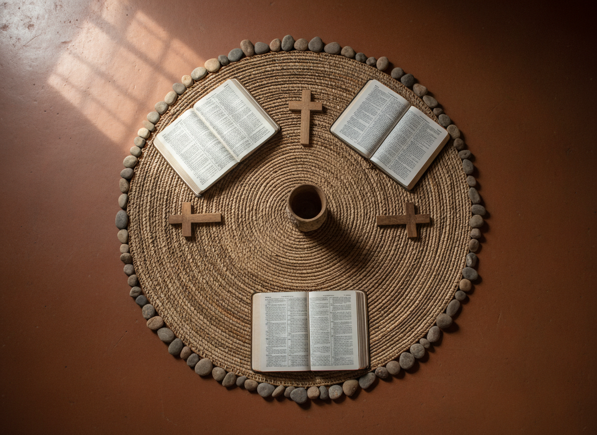 An overhead view of a circular woven mat placed on a smooth earthen floor, prepared for a family worship gathering yet empty of people. On the mat, three open Bibles radiate outward from the center like spokes, interspersed with small wooden crosses and a single shared clay cup. A subtle ring of small stones encircles the mat, symbolizing unity and protection. Soft, diffused daylight enters from an unseen window, creating even illumination with delicate shadows around each object. Photographic realism with a clean, symmetrical composition emphasizes togetherness, shared faith, and scriptural focus in a simple Ugandan home context, evoking the feeling of families coming together in prayer and worship.