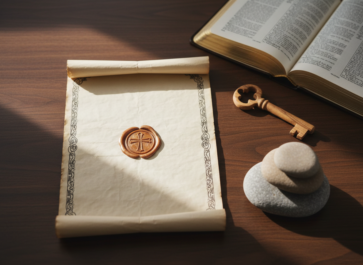 A neatly arranged tabletop display symbolizing a family covenant with God, set on a smooth dark wooden surface. At the center is a parchment-style document with an ornate border and an unbroken wax seal, suggesting a sacred family code of faith, though no readable text. Beside it lies an open Bible, a small carved wooden key, and three different-sized smooth stones stacked to represent diverse family structures united in Christ. Diffused window light from the left creates soft highlights on the wax and paper texture, with subtle shadows adding depth. Photographic realism with a top-down perspective, using a balanced composition and shallow depth of field, conveys commitment, unity, and scriptural fidelity without showing any people or explicit writing.